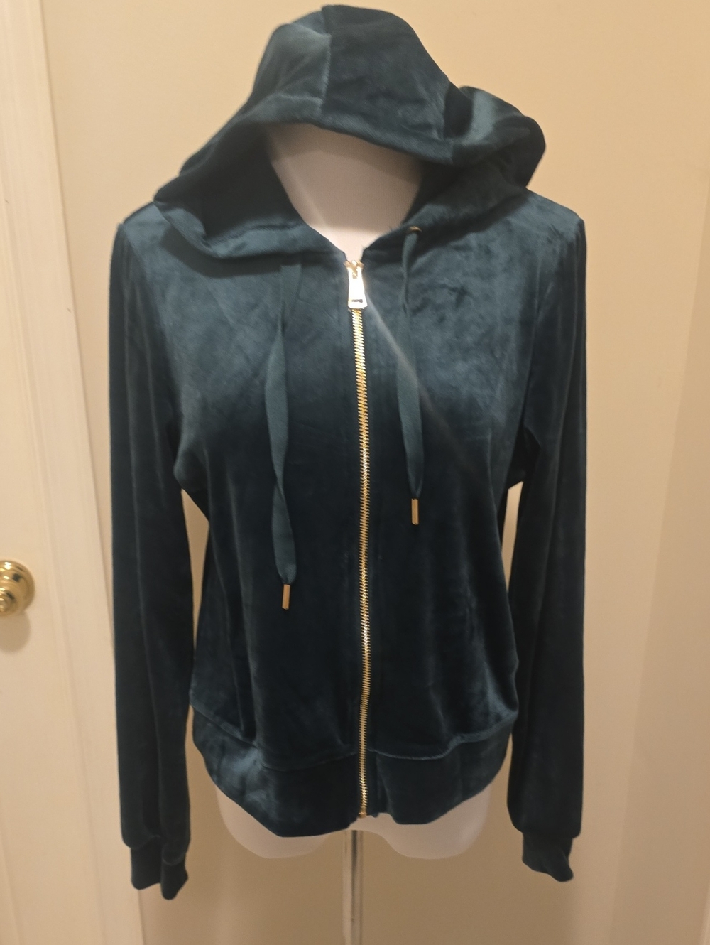 Magaschoni Teal Velvet Zip Hoodie with Gold Trim